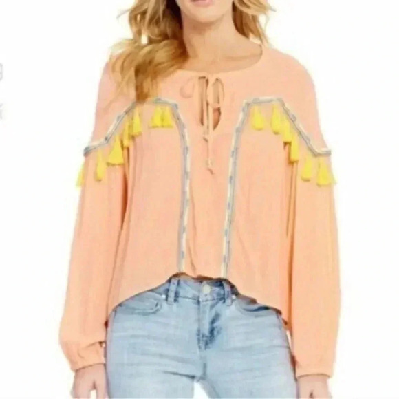 Gianni Bini Orange & Pink Long Sleeve Tassel Peasant Top S - Picture 1 of 4